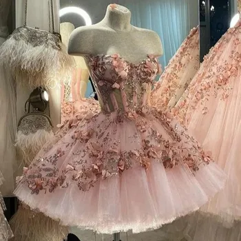 מתוק נפוחות שמלות לנשף קצרות נצנצים תחרה פרחוני 3D בנות הנשף שמלות מסיבת חשוף דופק Midi באורך הברך Vestido De